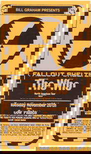 THE WHO "FALL OUT SHELTER" 1973 SAN FRANCISCO, CA CONCERT POSTER ARTIST SIGNED.: 12.5x21.25" on mustard yellow card stock signed in pencil at lower right by artist Randy Tuten. Promoting a concert at Cow Palace on Nov. 20 as part of the "North American Tour 1973". This was the ope