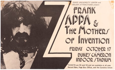 FRANK ZAPPA & THE MOTHERS OF INVENTION DUKE UNIVERSITY DURHAM, NC 1975 CONCERT POSTER.