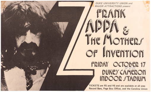 FRANK ZAPPA & THE MOTHERS OF INVENTION DUKE UNIVERSITY DURHAM, NC 1975 CONCERT POSTER.: 10x16.5" on thin cardstock. Promoting a concert at Duke University's Cameron Indoor Stadium in Durham, NC on Oct. 17 that featured Frank Zappa &amp; The Mothers of Invention. Poster features close-up