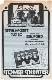 BLONDIE & DEVO 1979 PHILADELPHIA, PA CONCERT POSTER.: 11x17" on thin card stock. Promoting concerts at Tower Theater including: July 13 Blondie &amp; "Rock Pile Featuring Billy Bremner, Dave Edmunds, Nick Lowe, Terry Williams"; July 20 Steve Hacket and "