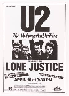 U2 "THE UNFORGETTABLE FIRE" 1985 NEW JERSEY CONCERT POSTER.: 11x15.25" on card stock. Promoting a US concert w/opening act Lone Justice on April 15 at the Meadowlands Arena noting "An Unprecedented Third Show! April 12 &amp; 14 Sold Out!". Touring in support of