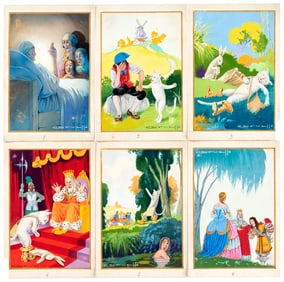 C. 1930s PUSS IN BOOTS SPANISH CARD SET AND COMPLETE SET OF ORIGINAL ART.