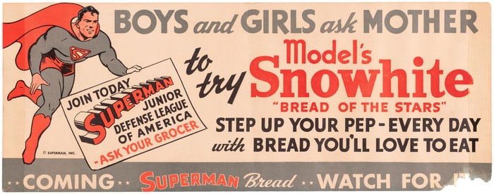 SUPERMAN BREAD/SUPERMAN JUNIOR DEFENSE LEAGUE 1941 WINDOW SIGN (BREAD CARD CAMPAIGN ERA).