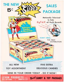 1950s SUPERMAN NOVEL CANDY & TOY PACKAGES RETAILER'S PROMOTIONAL SALES SHEET.