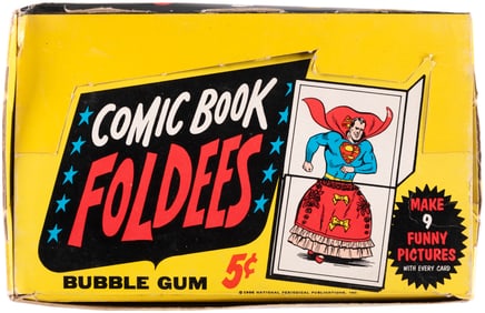 1966 TOPPS COMIC BOOK FOLDEES (FEATURING DC CHARACTERS) DISPLAY BOX WITH SIX UNOPENED WAX PACKS.