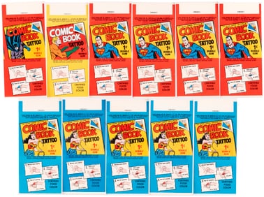 1967 TOPPS UNUSED COMIC BOOK TATTOO WRAPPERS (11) FEATURING DC SUPERHEROES.