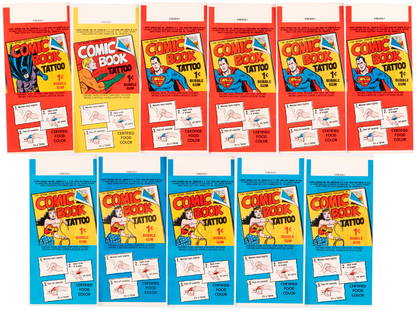 1967 TOPPS UNUSED COMIC BOOK TATTOO WRAPPERS (11) FEATURING DC SUPERHEROES.: Lot of 11, each 1.5x3.5". &#169;NPP, Inc. Lot features four different wrapper designs: Superman (4), Batman (1), Wonder Woman (5) and Aquaman (1). All tattoo reverses features Superman designs, one du