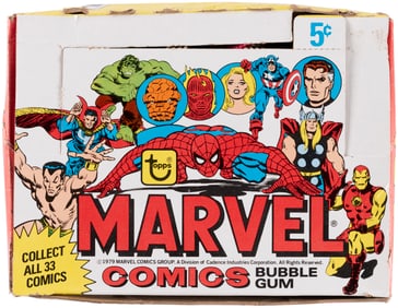 1979 TOPPS MARVEL COMICS BUBBLE GUM NEAR COMPLETE WAX BOX.