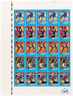 1992 IMPEL MARVEL AMAZING SPIDER-MAN 30th ANNIVERSARY SERIES PROMO CARDS UNCUT SHEET SIGNED BY STAN: 17.5x23" uncut sheet features five sets of five promo cards. &#169;1992 Marvel Entertainment/Impel. Card fronts have five different Spider-Man designs, including one w/Mary Jane and one in black suit.