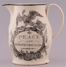"PEACE AND INDEPENDENCE" AMERICAN REVOLUTION LIVERPOOL CREAMWARE JUG.
