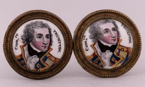 COMMODORE "TRUXTON" AMERICAN REVOLUTION NAVAL HERO PAIR OF ENAMEL CURTAIN TIE BACKS.