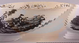 WASHINGTON "BY VIRTUE AND VALOR" LIVERPOOL CREAMWARE BOWL.: 9.25x4-3/8" tall. Washington stands victorious over defeated British troops & symbolic lion, encircled by "By Virtue & Valor We have Freed Our Country, Extended Our Commerce And Laid the Foundation of