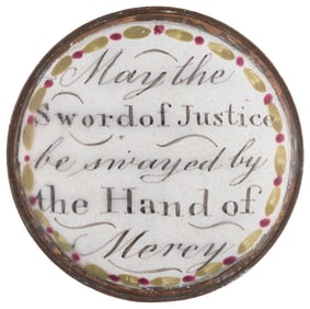 "MAY THE SWORD OF JUSTICE BE SWAYED BY THE HAND OF MERCY" BATTERSEA BOX.