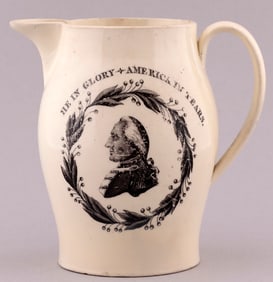 WASHINGTON "HE IN GLORY AMERICA IN TEARS" PORTRAIT LIVERPOOL CREAMWARE JUG.