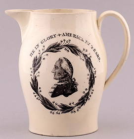 WASHINGTON "HE IN GLORY AMERICA IN TEARS" PORTRAIT LIVERPOOL CREAMWARE JUG.: 5.75" tall. Portrait in wreath w/eagle & shield reverse. Wear to black transfers, lightly repaired at spout & finely reglazed interior. VF. Rex & Patti Stark Collection.