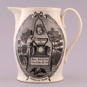 "WASHINGTON IN GLORY" UNUSUAL MOURNING LIVERPOOL CREAMWARE JUG.