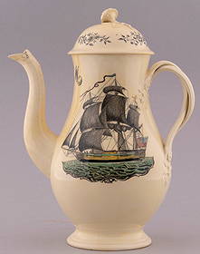 ADAMS "PRESIDENT OF THE UNITED STATES" LIVERPOOL CREAMWARE COFFEE POT.: 11" tall. John Adams named panel flanked by scales of justice & cornucopia. Frigate w/American flags reverse. Imposing size w/decorative twist handle, rare form. Extensive restoration, displays Exc. R