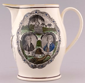 JEFFERSON: SAMUEL ADAMS & JOHN HANCOCK POLYCHROME DECORATED LIVERPOOL CREAMWARE JUG.