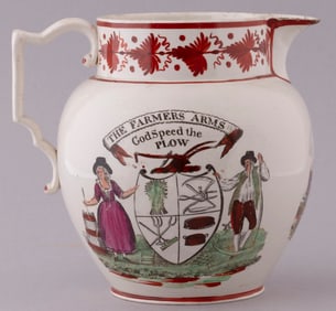 "THE FARMERS ARMS" HIGHLY DECORATED LIVERPOOL CREAMWARE JUG.