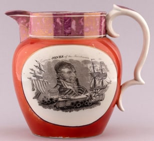 WAR OF 1812: CAPTAIN JONES PINK SPLASH LUSTER COLLAR PITCHER.