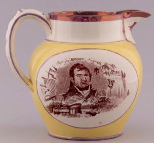 WAR OF 1812: CAPTAIN HULL & MAJ. GEN. BROWN PINK LUSTER STAFFORDSHIRE PITCHER.