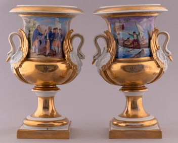 PERRY ON LAKE ERIE & SURRENDER OF CORNWALLIS PARIS PORCELAIN GILT URN PAIR.