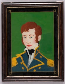 ANDREW JACKSON IN MILITARY UNIFORM REVERSE PAINTED GLASS PORTRAIT.