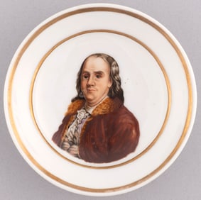 "B. FRANKLIN" EXCEPTIONAL 1850S FRENCH PORCELAIN HAND PAINTED PORTRAIT PLATE.