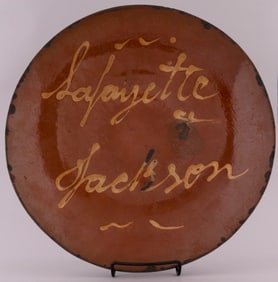 LAFAYETTE & 1824 JACKSON CAMPAIGN IMPORTANT 14" REDWARE YELLOW SLIP CHARGER.