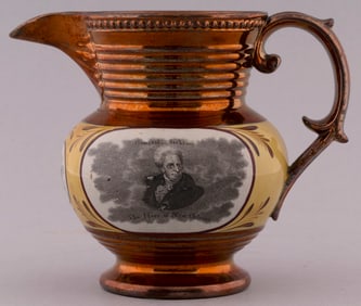 JACKSON ?HERO OF NEW ORLEANS? CANARY BULBOUS COPPER LUSTER PITCHER.