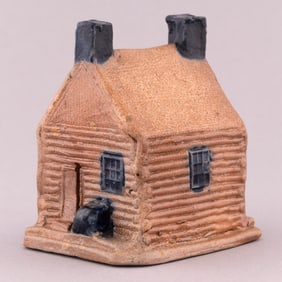 HARRISON: COBALT DECORATED LOG CABIN STONEWARE BANK ATTRIB. THOMAS HAIG JR.
