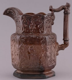 WASHINGTON ECCLESTON MEDAL PORTRAIT BROWN GLAZE STONEWARE PITCHER.