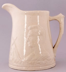 LINCOLN RAIL SPLITTER MOTIF LOG CABIN IRON STONE PITCHER.