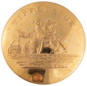 HARRISON "TIPPECANOE" 1840 EQUESTRIAN LOG CABIN BRASS CLOTHING BUTTON.