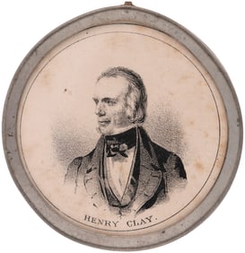 CLAY & FRELINGHUYSEN 1844 CAMPAIGN PEWTER RIM BADGE.