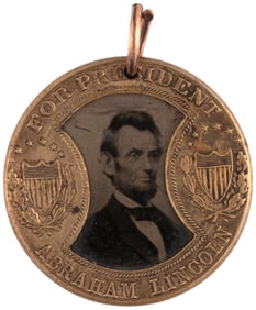 LINCOLN & JOHNSON 1864 BACK-TO-BACK GAULT FERROTYPE JUGATE BADGE HAKE #3080.