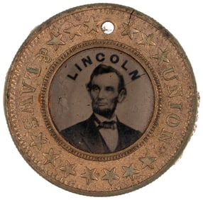 LINCOLN & JOHNSON "UNION & LAWS" RARE 1864 FERROTYPE JUGATE BADGE.