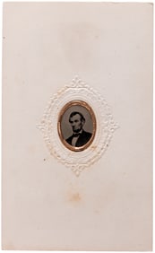 LINCOLN BEARDED PORTRAIT FERROTYPE IN BRASS FRAME MOUNTED IN CDV CARD.
