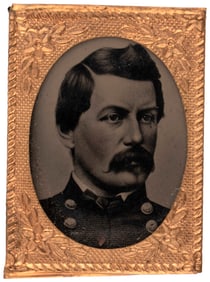 McCLELLAN 1864 GEM FERROTYPE PORTRAIT IN BRASS FRAME.