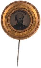 "SEYMOUR" GILT GOLD ACCENTED FERROTYPE STICKPIN BADGE.