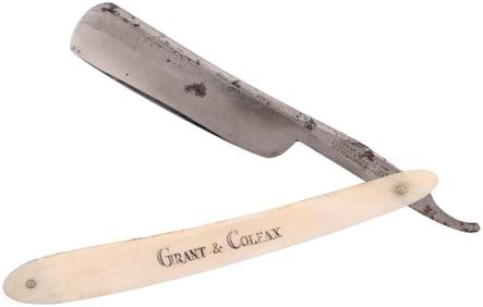 "GRANT & COLFAX" SCRIMSHAWED BONE HANDLE 1868 CAMPAIGN STRAIGHT RAZOR.