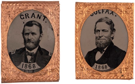 GRANT & COLFAX "1868" BRASS FRAMED GEM FERROTYPE PAIR.