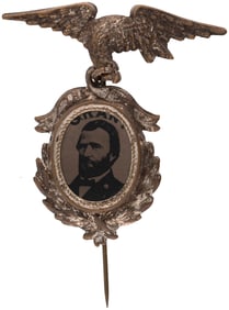 GRANT FERROTYPE IN ORNATE SILVER BRASS FRAME WITH EAGLE HANGER HAKE #3059.