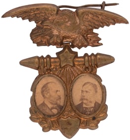 GARFIELD & ARTHUR 1880 BRASS SHELL ALBUMEN JUGATE BADGE.