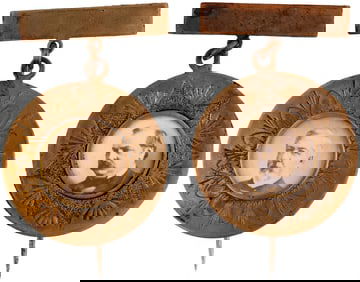 BLAINE & CLEVELAND 1884 BRASS CHASED BORDER PORTRAIT UNDER GLASS BADGE PAIR.