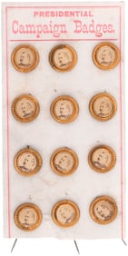 CLEVELAND "PRESIDENTIAL CAMPAIGN BADGES" DOZEN STICK PINS ON ORIGINAL CARD.