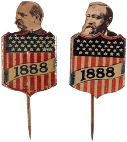 CLEVELAND & HARRISON 1888 MECHANICAL AMERICAN SHIELD PORTRAIT BADGE PAIR.