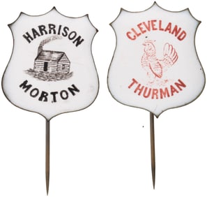 HARRISON & CLEVELAND 1888 LOG CABIN & ROOSTER SHIELD PORCELAIN BADGE PAIR.