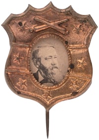 BENJAMIN HARRISON CANNONS AND STARS BRASS SHELL STICKPIN BADGE.