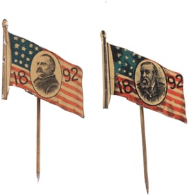 CLEVELAND & HARRISON 1892 AMERICAN FLAG PORTRAIT BADGE PAIR.